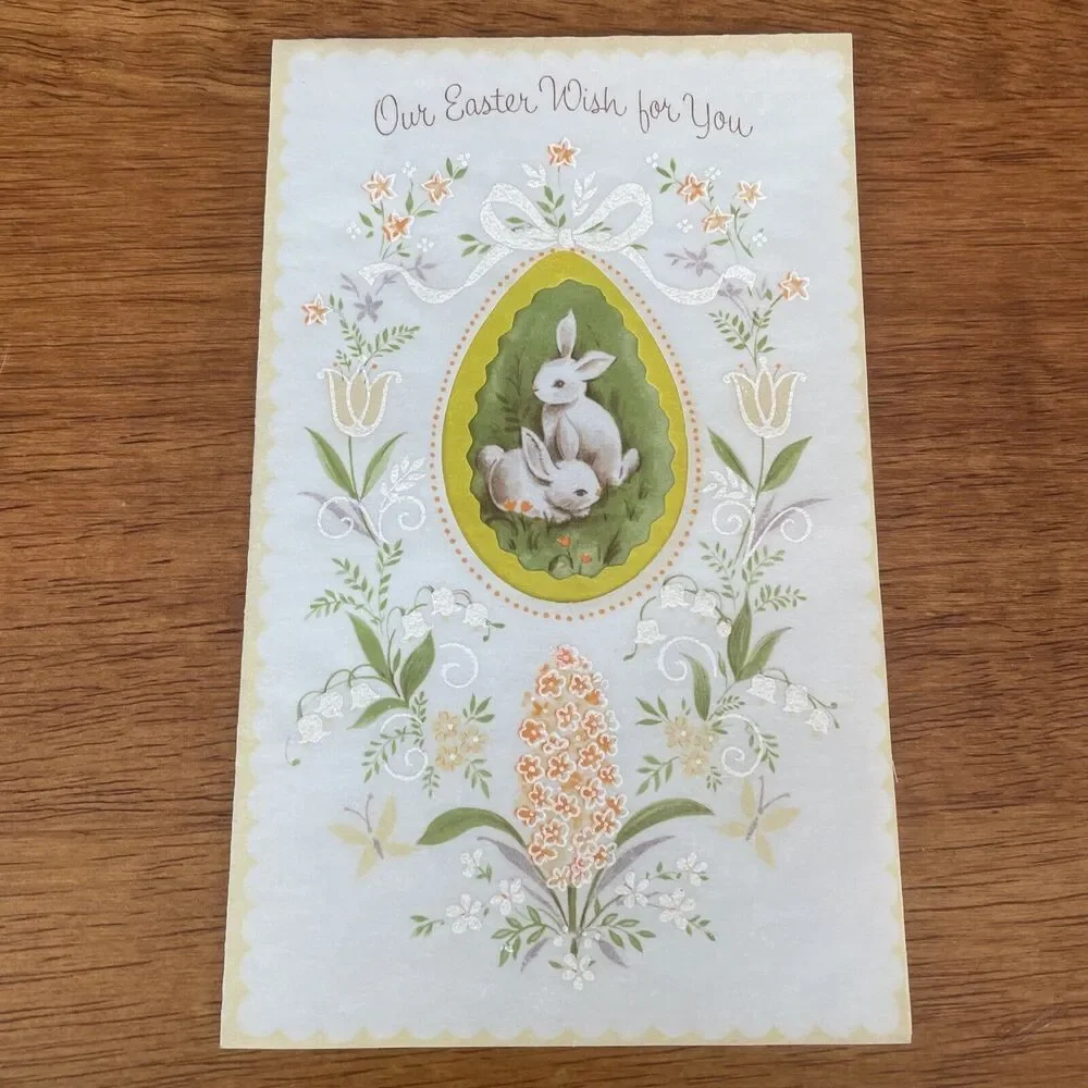 Vtg Buzza Cardozo Rabbit Parchment Easter Spring Die Cut Glitter Greeting Card